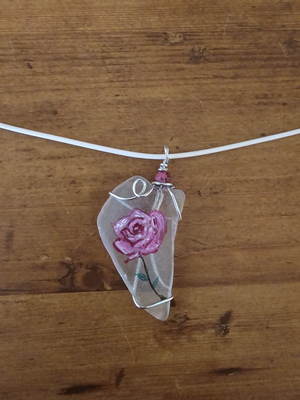 Pink Hand-Painted Rose Sea Glass Pendant Necklace with Silver Wire Wrap
